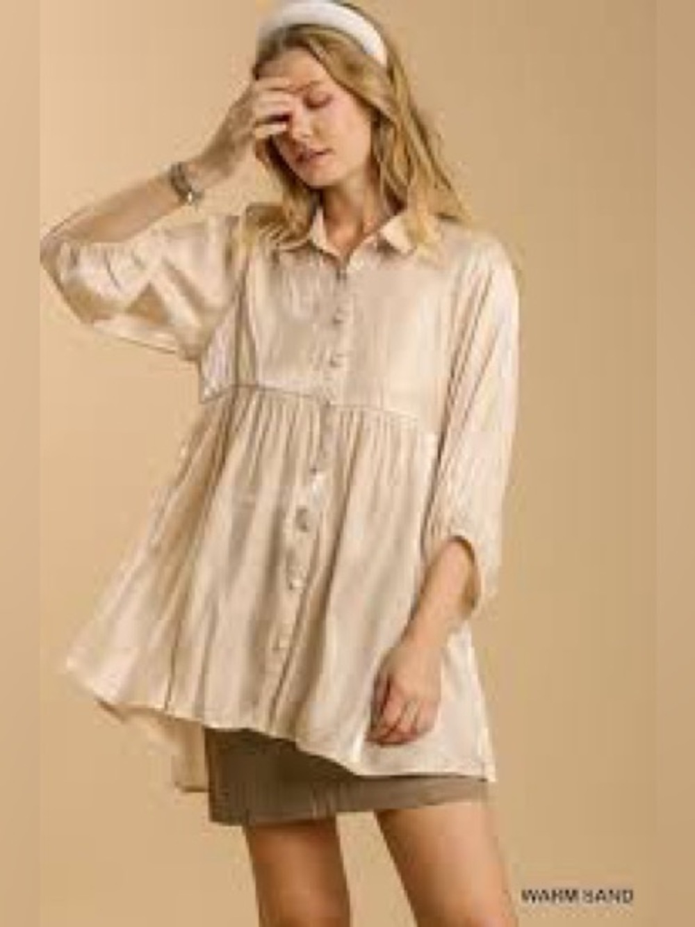 Umgee Satin Hi-Lo Collared 3/4 Sleeve Dress With Button Closure And Tiered Back